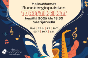 Saarijärven kesän 2026 Runeberginpuiston ilmaiset Torstaikeikat päivämäärät 18.6., 25.6., 9.7., 16.7., 23.7., 30.7. ja 6.8.